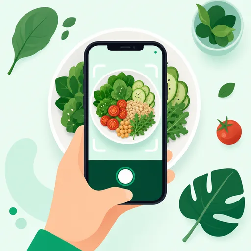 A hand holds a smartphone above a plate to photograph it